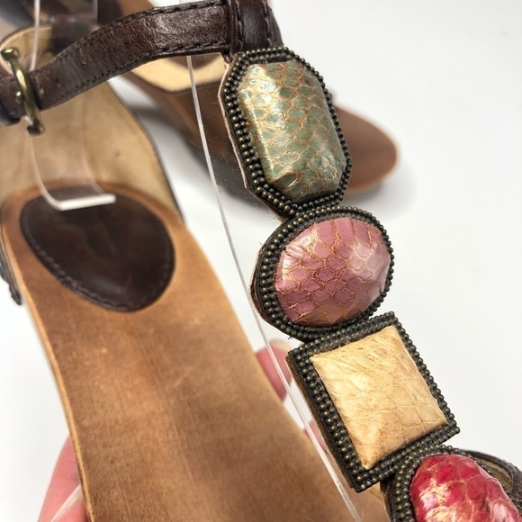 NEW Frye Dolly Leather Jewel Gem Stone T-Strap Boho Chunky Wooden Heels Shoes - Picture 10 of 16